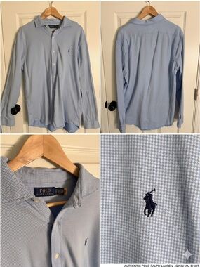 Ralph Lauren Light Blue Gingham Jersey Knit Dress Shirt with Navy Pony